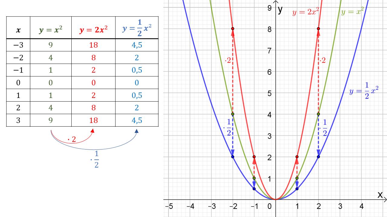 y=x² en y=2x² en y=(1/2)x²